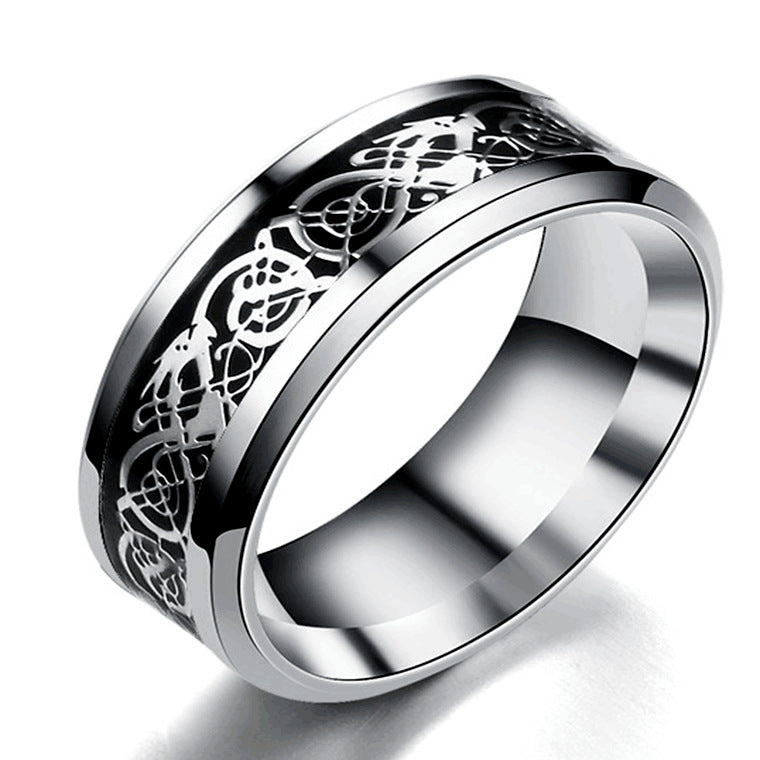 AMBASADOR Silver-tone dragon-pattern black-inlay ring